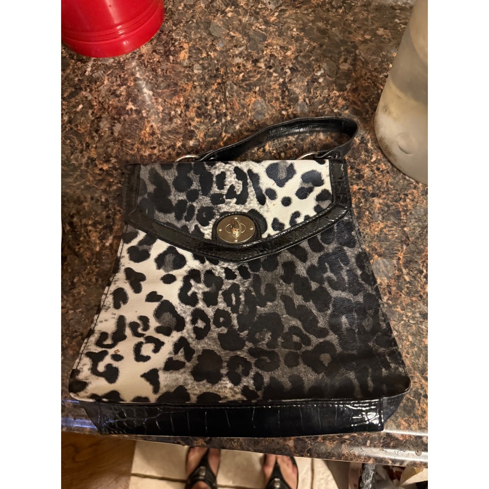 Grey Leopard Print Handbag Croc Embossed Trim Turn Lock Shoulder Bag